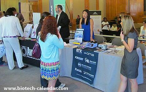Duke researchers look at new lab product supplies at life science vendor show.