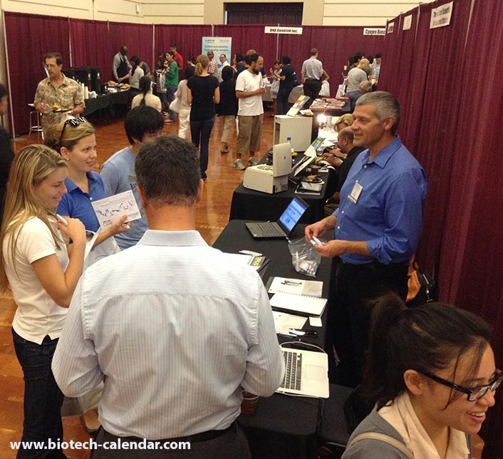 San Dirgo researchers discuss available products with lab suppliers at a past Biotechnology Vendor Showcase™ Event. 
