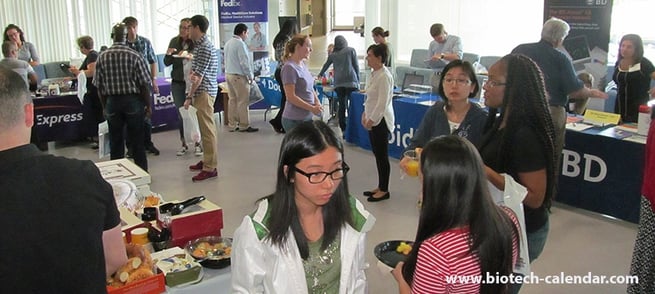 Researchers and exhibitors discussing new lab products and services at last year's BioResearch Product Faire event